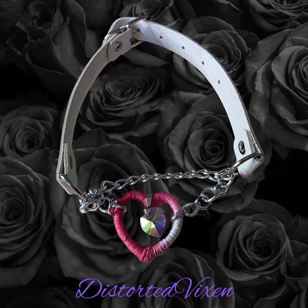Pink & White Heart Choker Wrapped Fiber Heart with Crystal Charm - Picture 6 of 9